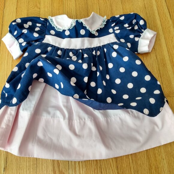 Vintage Handmade Baby Dress Blue Pink Polka Dots - Picture 4 of 14